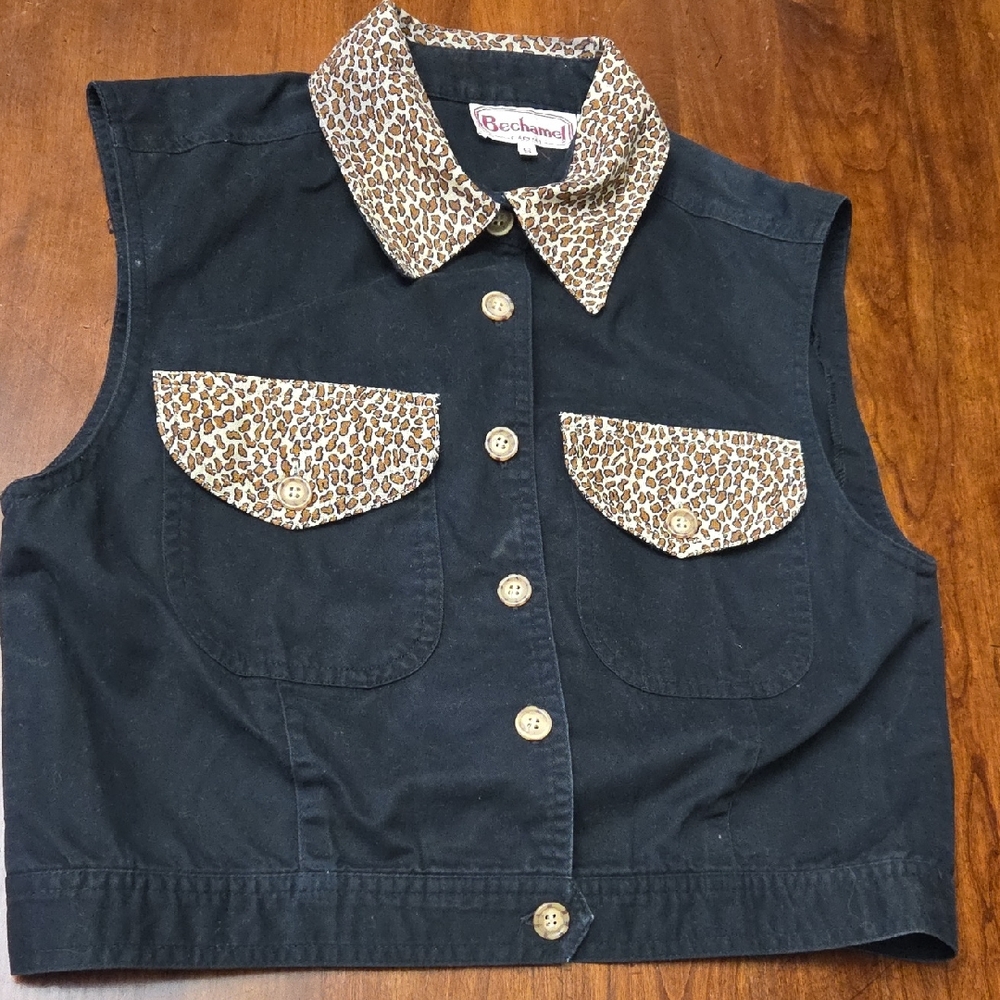 Bechamel Black Cropped Cotton Vest with Leopard Print Trim S